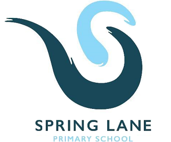 A logo for spring lane primary school with a blue swirl