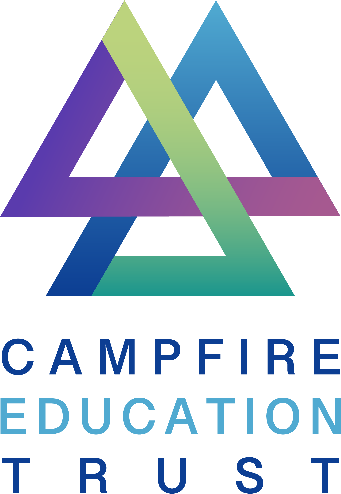 The logo for campfire education trust is a triangle with a cross in the middle.