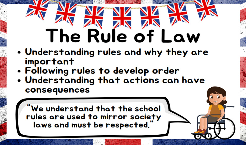 A poster about the rule of law with a girl in a wheelchair