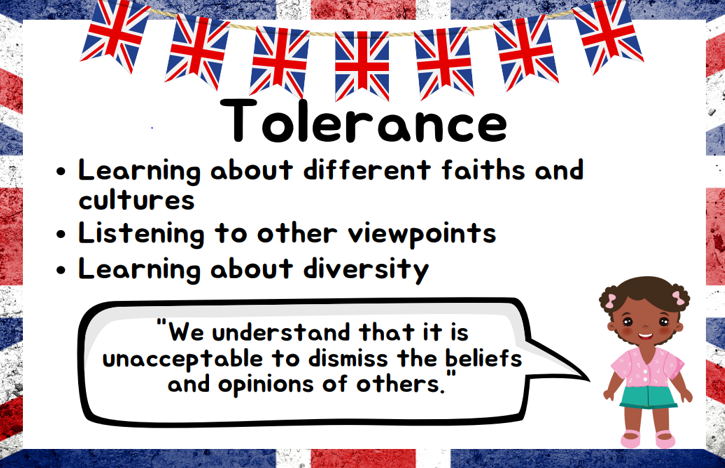 A poster that says tolerance learning about different faiths and cultures listening to other viewpoints learning about diversity