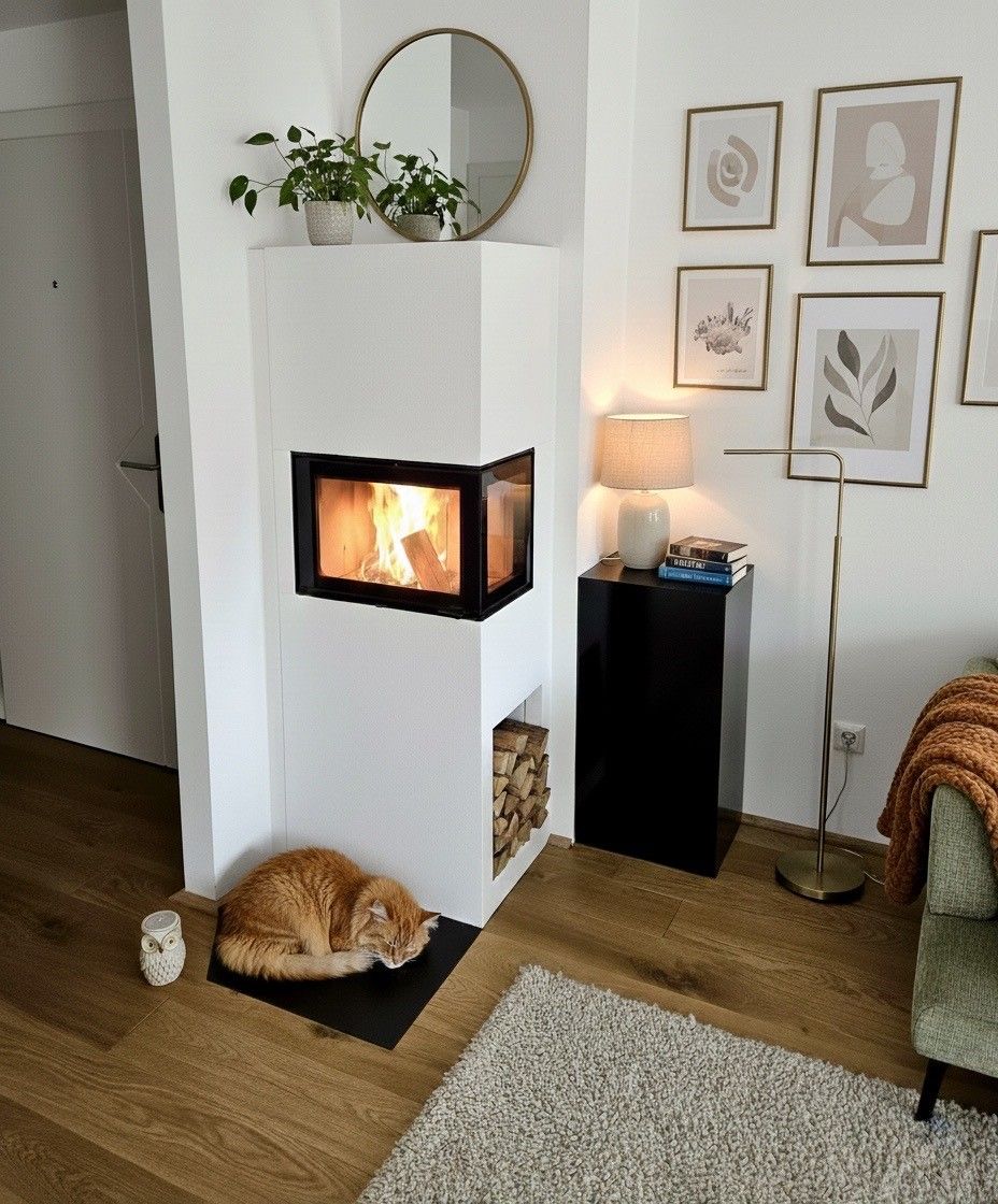Gemütliches Wohnzimmer mit beleuchtetem, modernem Kamin, einer Lampe und gerahmten Bildern an der Wand.