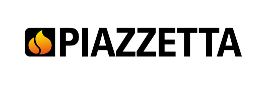 Piazzetta-Logo mit orangefarbenem Flammensymbol und schwarzem Text auf weißem Hintergrund