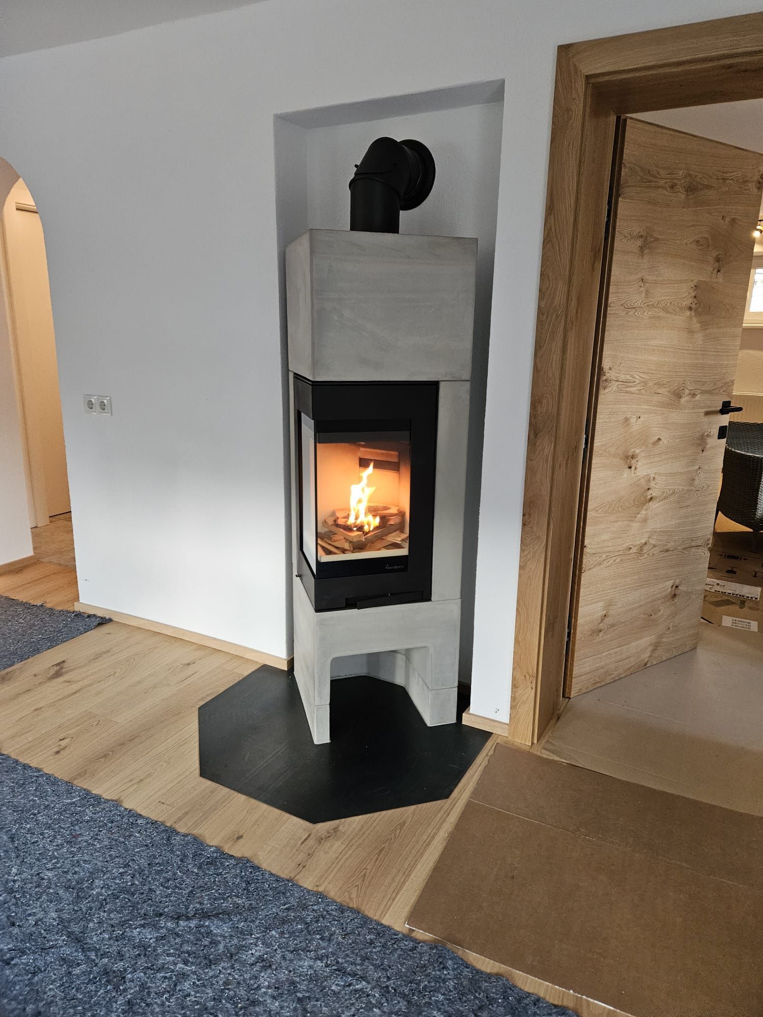 Moderner schwarzer Holzofen mit sichtbarem Feuer in einem weiß getünchten Raum, in der Nähe von Türen und einem Teppich.