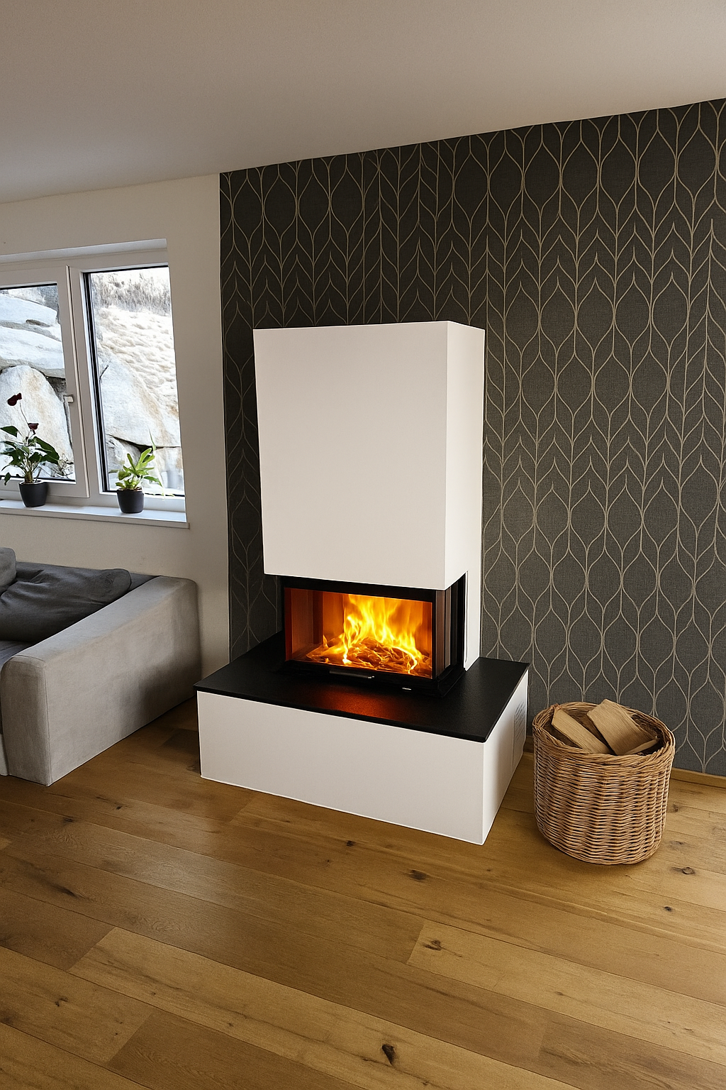 Modernes Wohnzimmer mit weißem Kamin, brennendem Feuer, gemusterter Wand und Weidenkorb auf Holzboden.