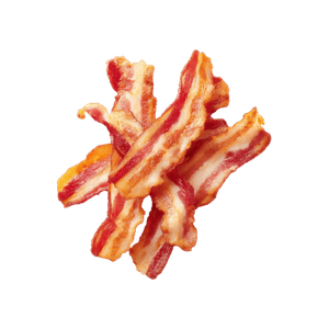 Crispy, cooked bacon strips, red and white, overlapping.