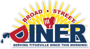 Broad Street Diner logo: yellow sunburst, red and blue diner text, fist, and tagline 