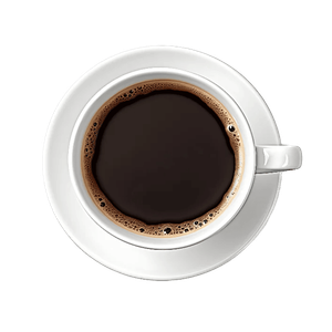 Cup of dark coffee on white saucer, overhead view.