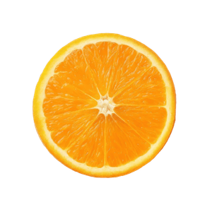 Slice of orange, showing sections and core in shades of orange and yellow against a white background.
