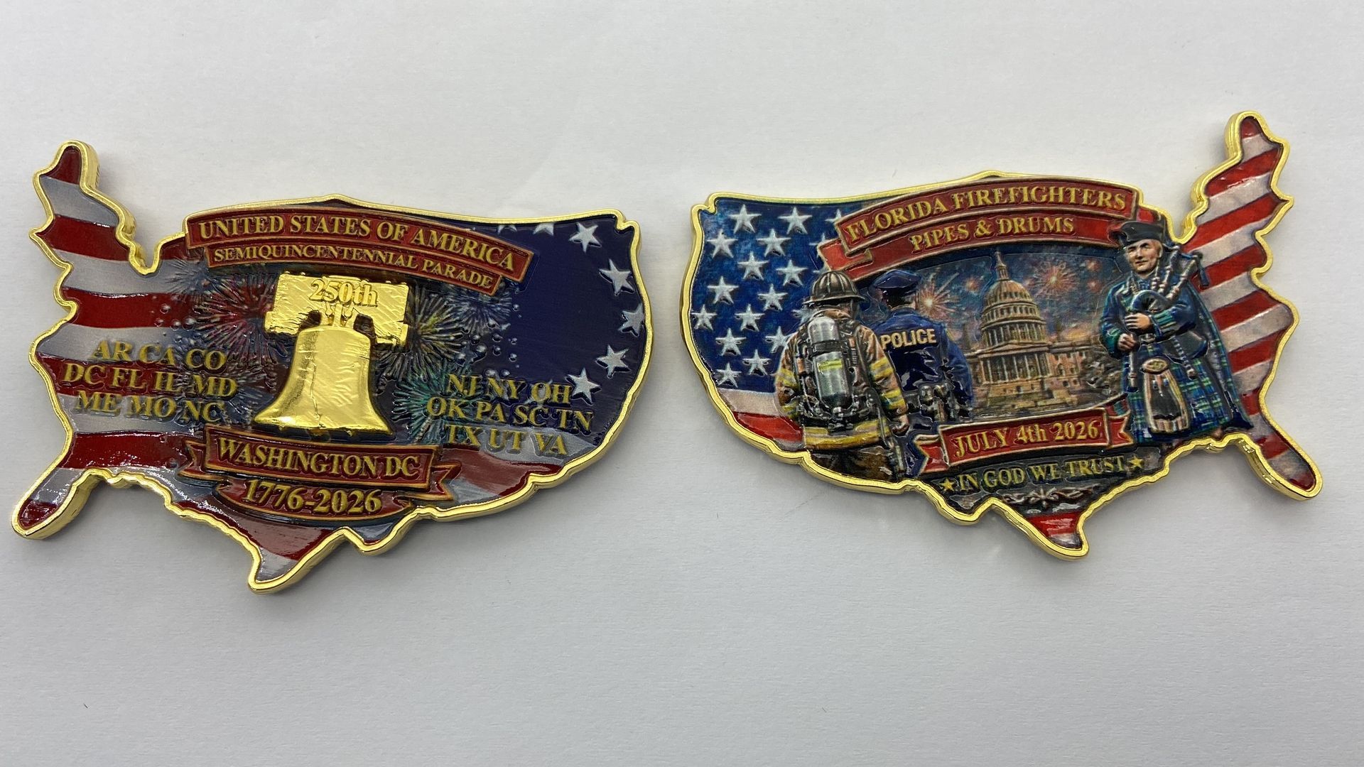 Two patriotic state-shaped commemorative plaques with U.S. flag borders on a white background
