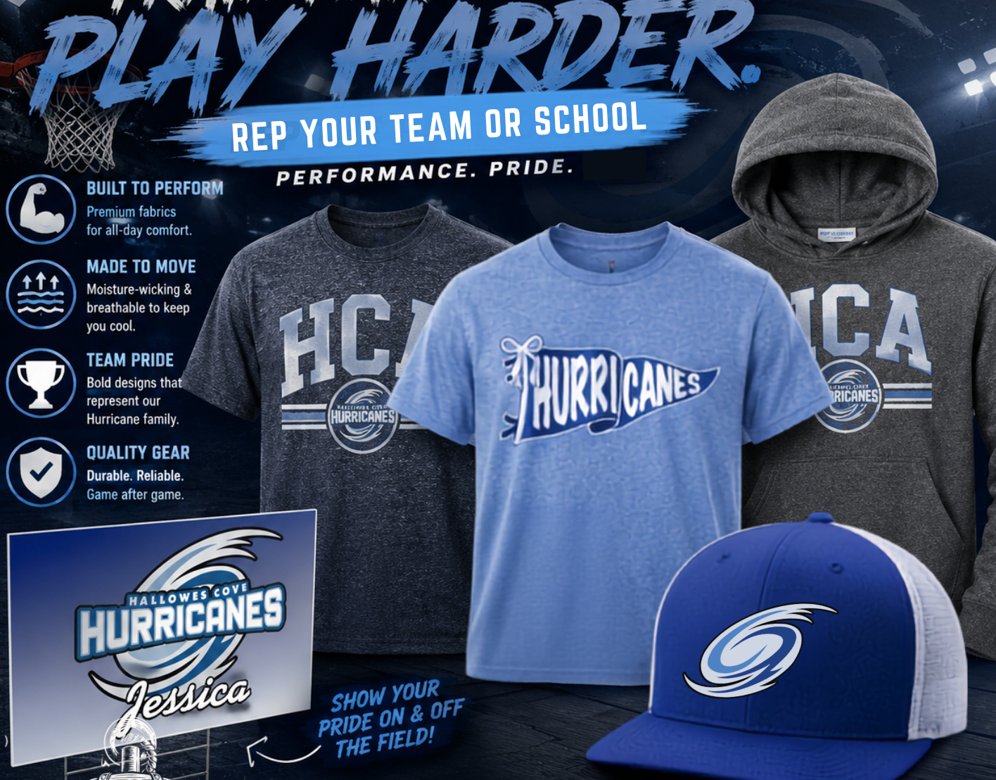Hurricanes spirit wear ad with navy hoodies, blue T-shirt, cap, and team logo on a dark background