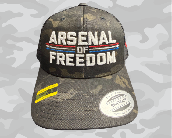 Camouflage baseball cap with “Arsenal of Freedom” text and a gray camouflage pattern