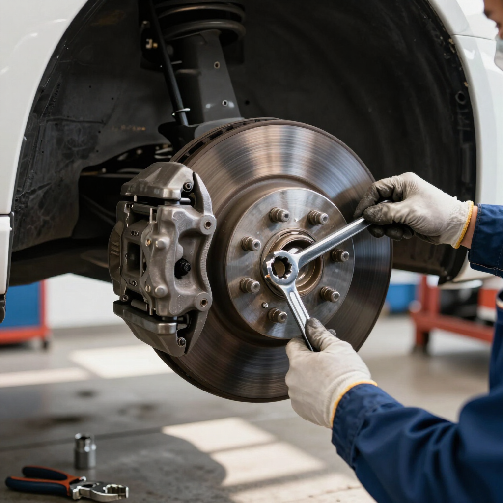 Brake service in progress on a vehicle wheel assembly.