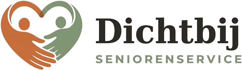 Logo voor Dichtbij Seniorenservice met hartvormige handen in oranje en groen.