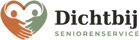 Logo voor Dichtbij Seniorenservice met hartvormige handen in oranje en groen.