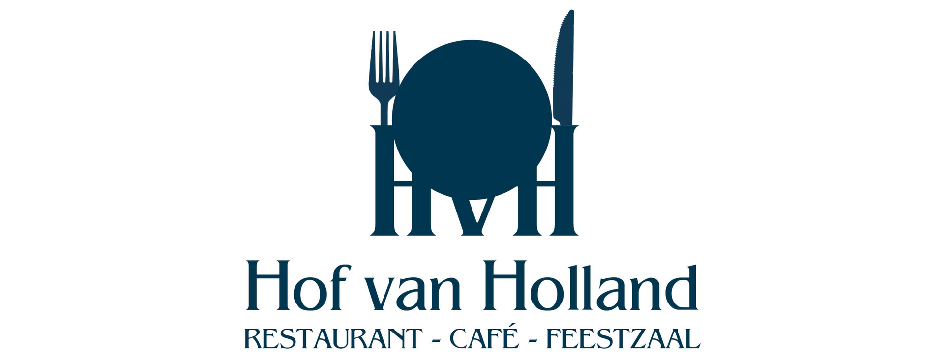 Logo voor Hof van Holland, met een donkerblauw icoon van een dinerbord, vork en mes boven de naam en omschrijving.