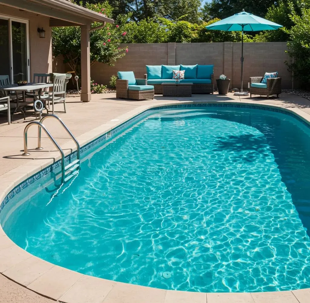 Outdoor swimming pool with turquoise water, patio furniture, and a blue umbrella.