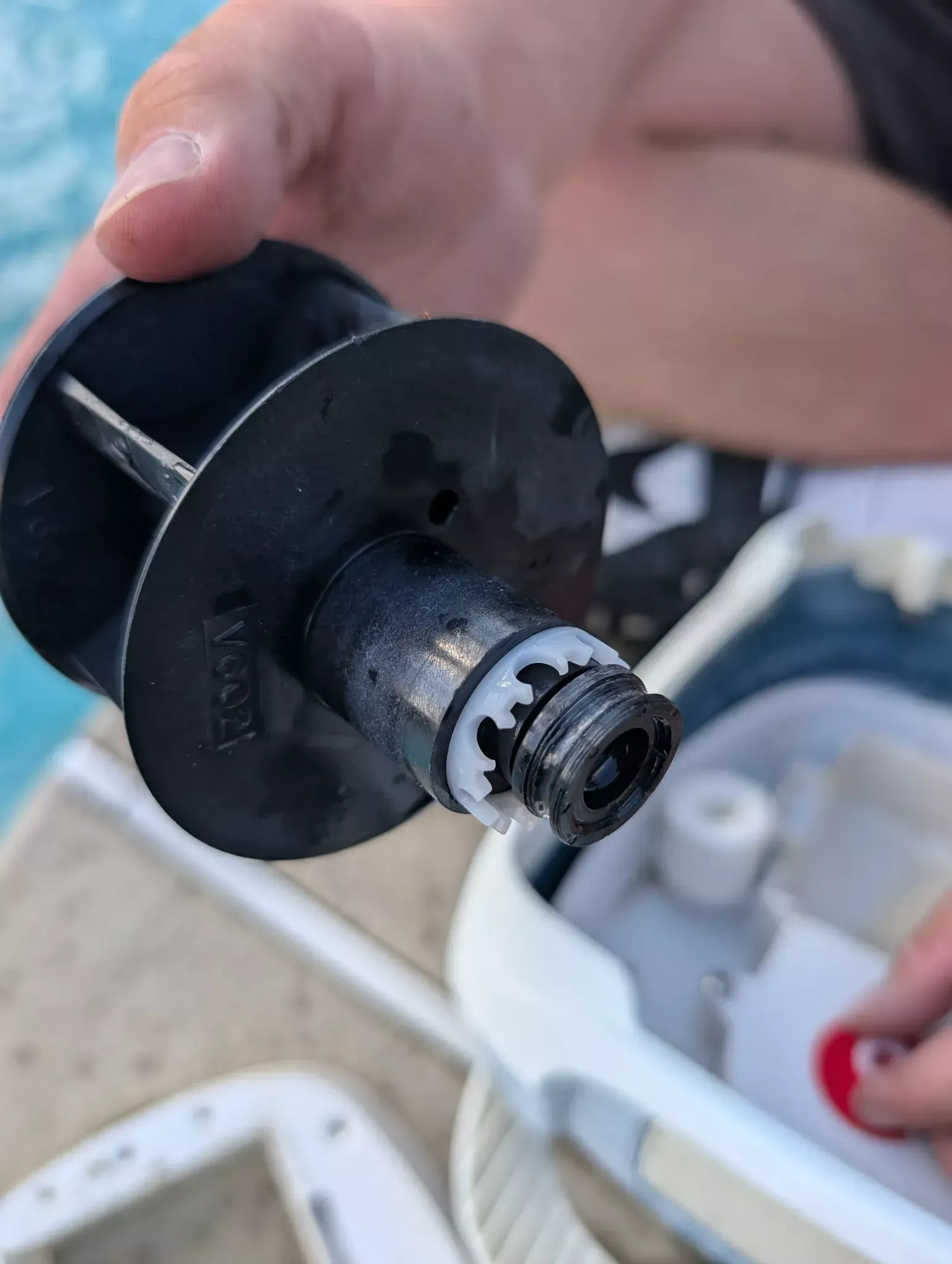 Close-up of a pool pump impeller being inspected for wear during a repair visit in Bakersfield