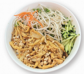 Bowl of noodle salad with shredded chicken, bean sprouts, cucumber, and carrot on a white background