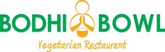 BODHI BOWL vegetarian restaurant logo in green and orange with a bowl and leaf icon