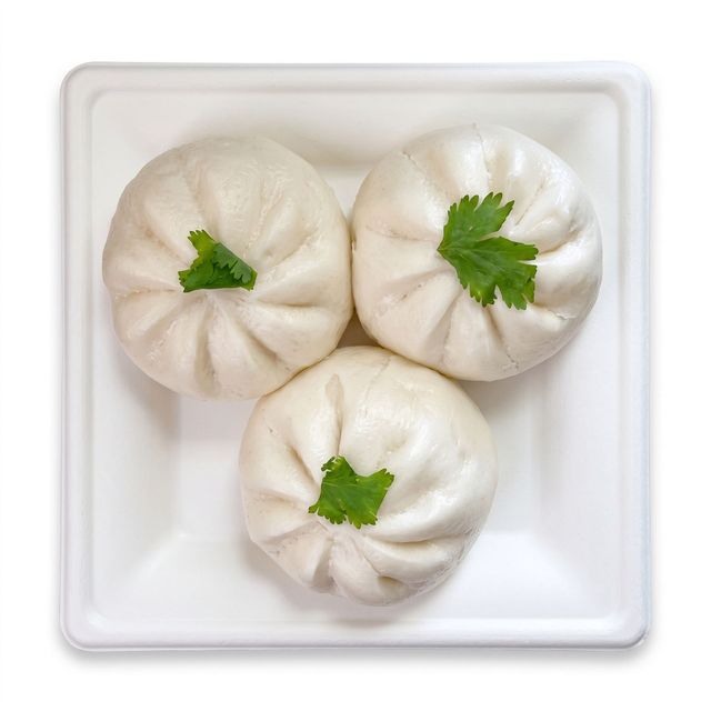 Three steamed dumplings with parsley garnish in a white square dish