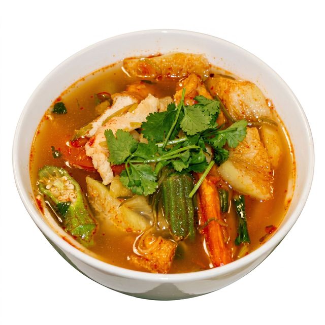 Bowl of spicy soup with vegetables, shrimp, and cilantro garnish