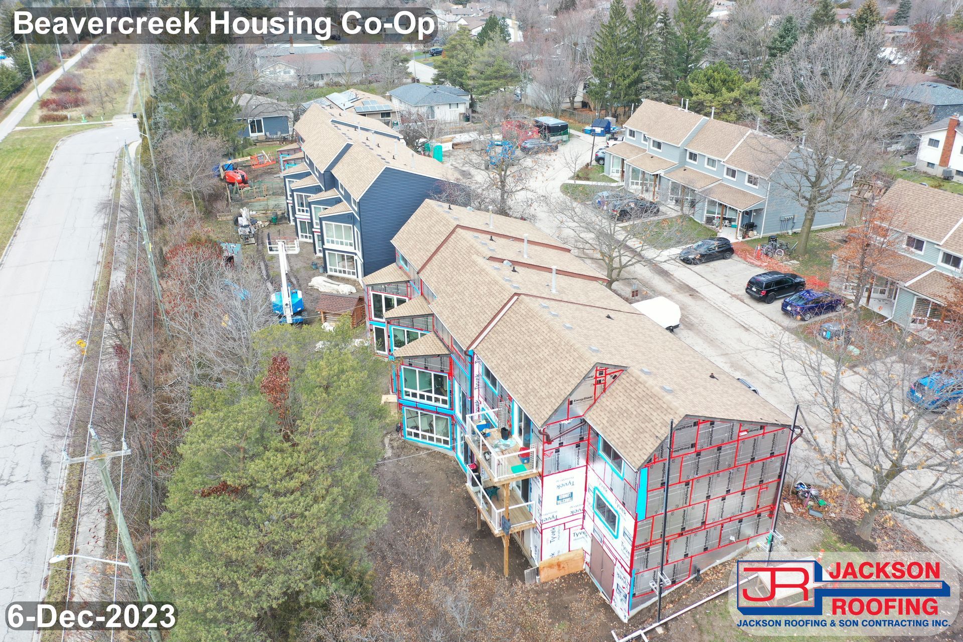 An aerial view of a housing co-op under construction.
