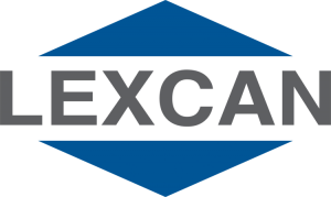 A blue and white logo for lexcan on a white background