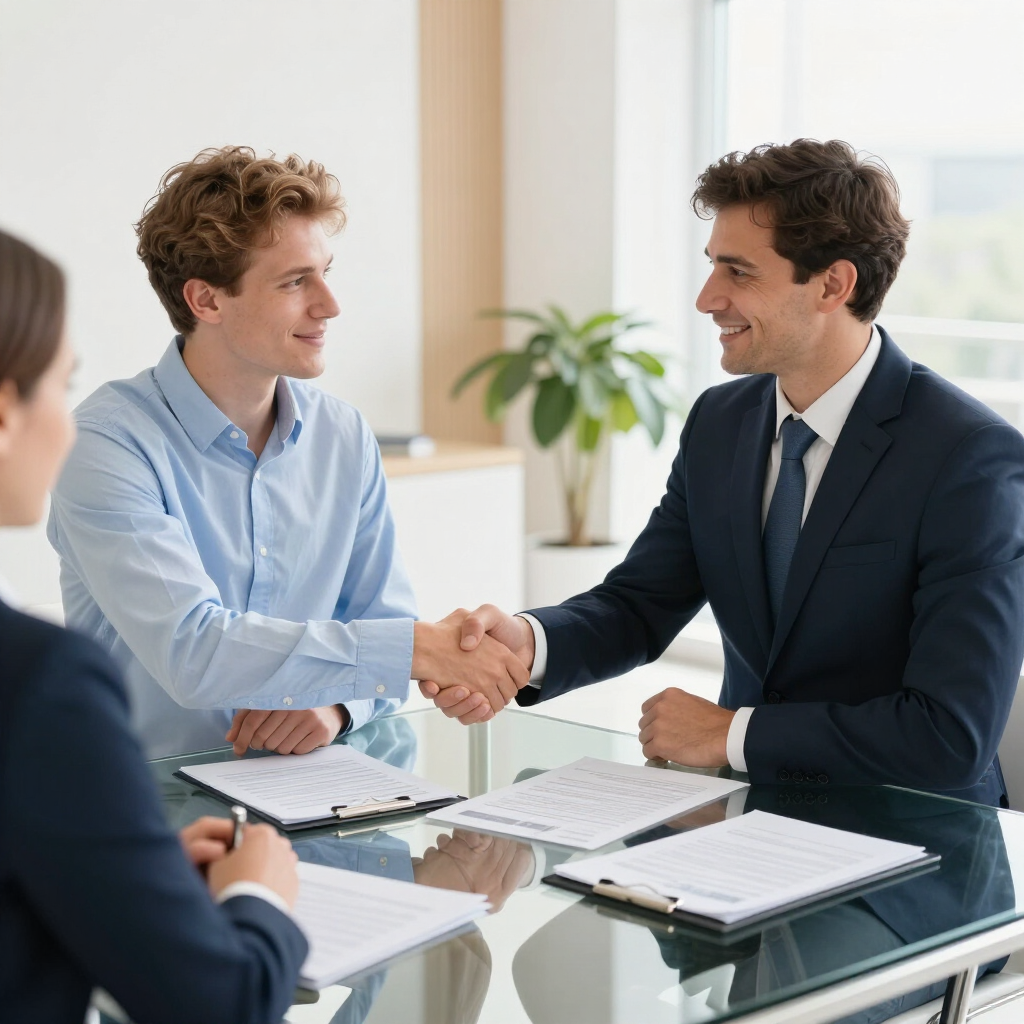 Twee professionals schudden elkaar de hand over een vergadertafel in een lichte kantoorruimte.