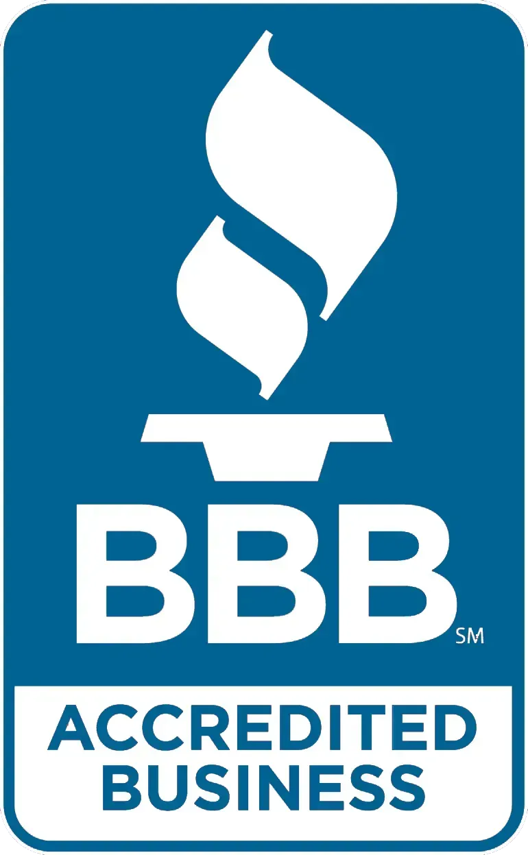 BBB Accredited Business logo in blue and white with flame icon and bold text