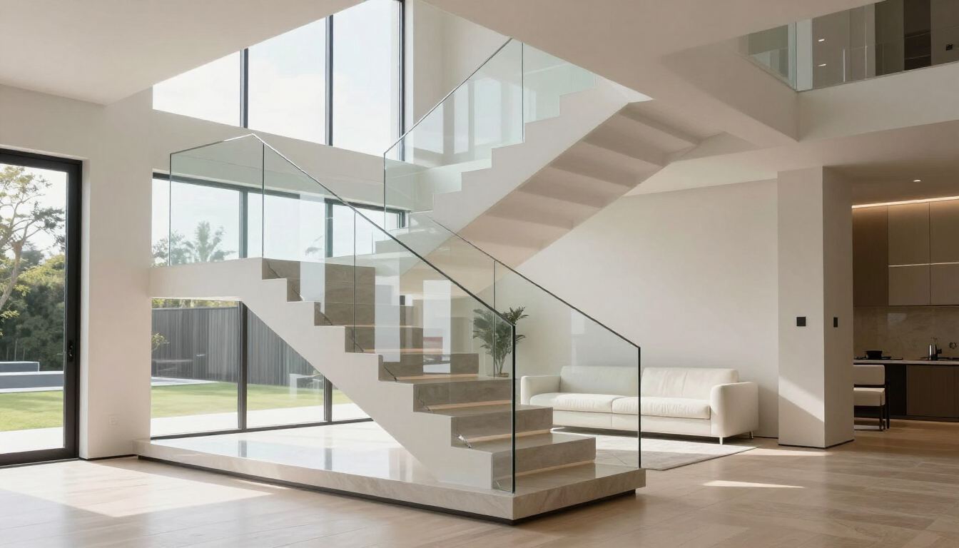 Luxury Birmingham home featuring a modern floating staircase with frameless glass railings.