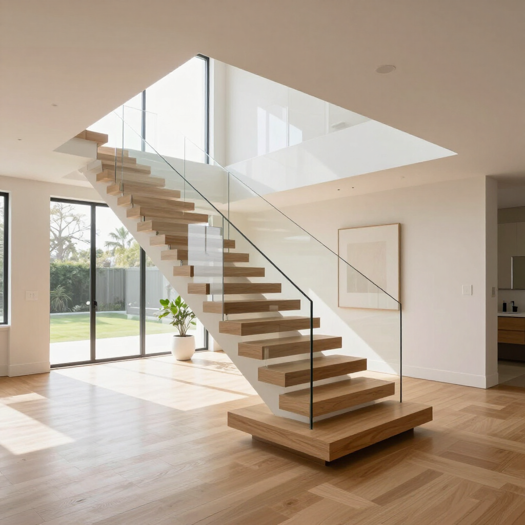 Modern open-plan home with a floating wooden staircase and glass railing under a skylight