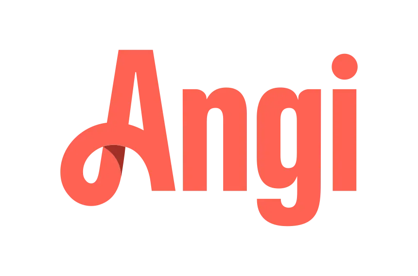 Angi logo in coral red text on a white background