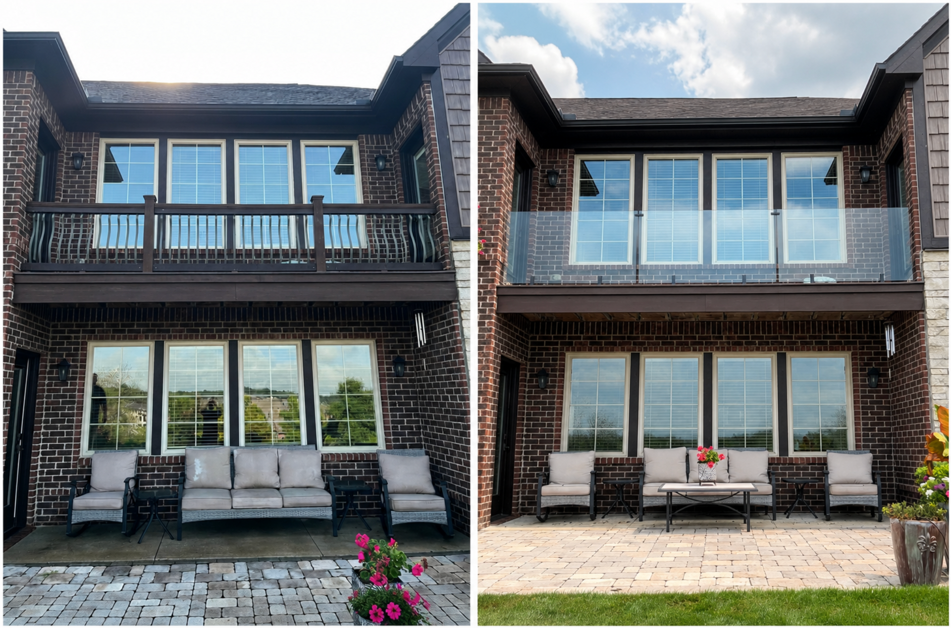 Two-story brick house with balconies and large windows, front patio seating, and lawn under a partly cloudy sky