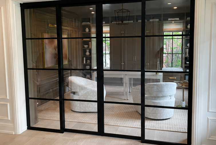 Frameless sliding glass partition installed by First Class Glass in a Birmingham, MI office waiting 