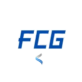First Class Glass Logo Blue FCG logo with a small abstract swoosh beneath it on a white background
