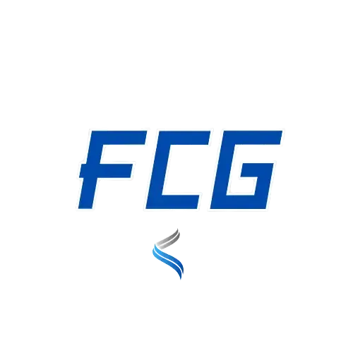 First Class Glass Logo Blue FCG logo with a small abstract swoosh beneath it on a white background