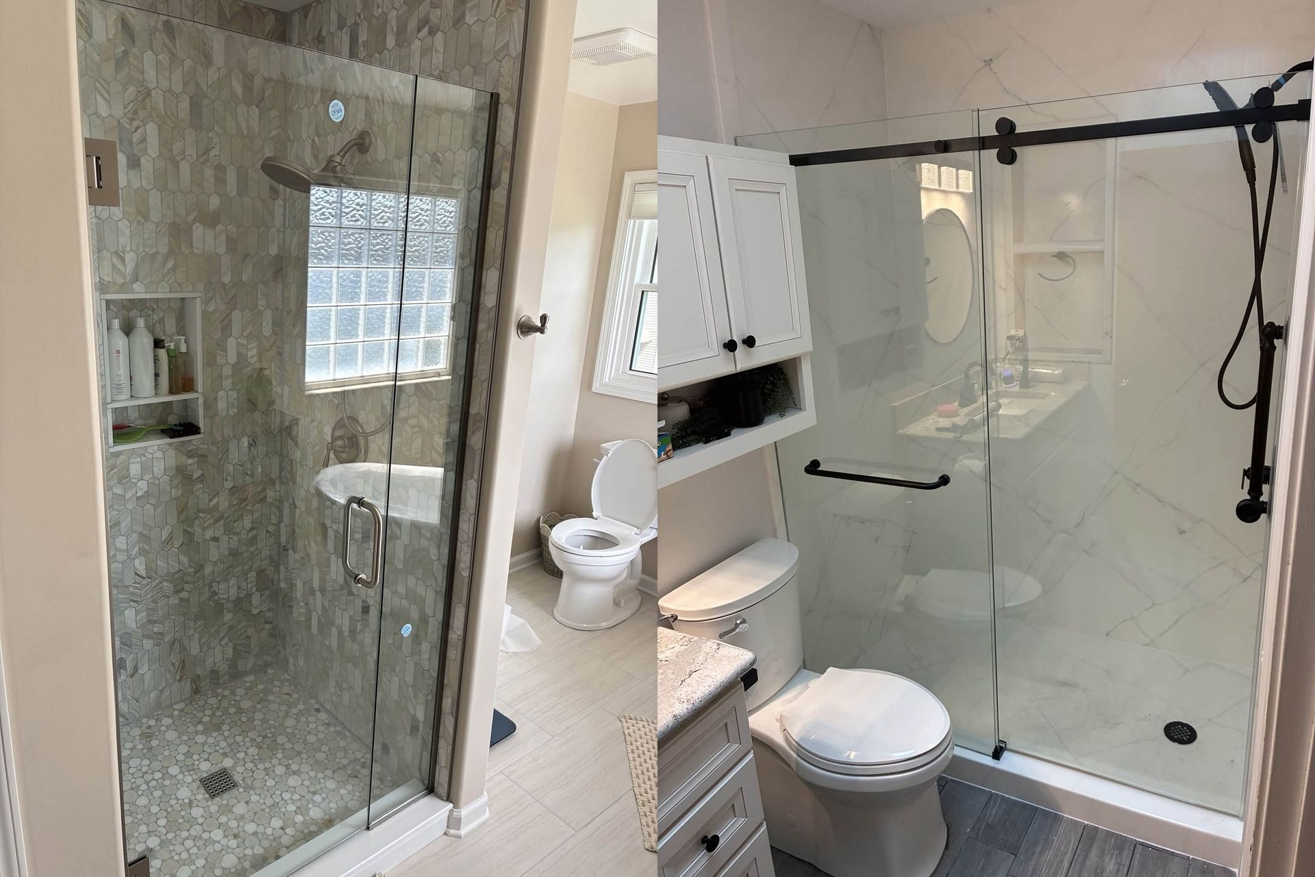 Small bathroom with glass shower, toilet, vanity, and mirrored cabinet in beige tones