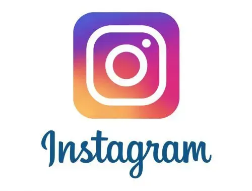 Instagram logo with multicolor camera icon and blue script text