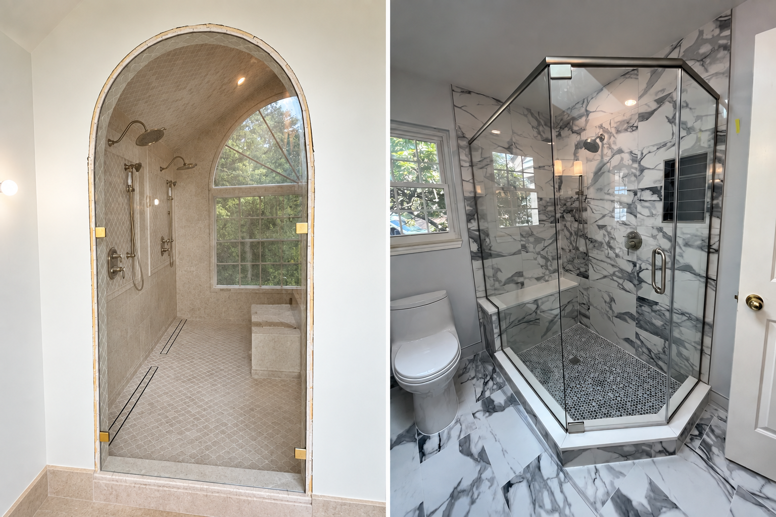 Side-by-side bathroom showers: arched mosaic shower on left, marble walk-in shower on right.