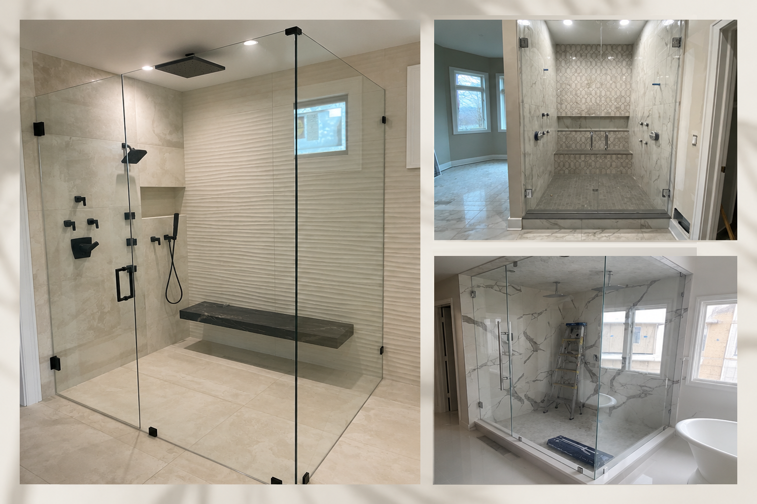 Modern glass shower bathroom with tiled walls, installed in Rochester Hills by First Class Glass