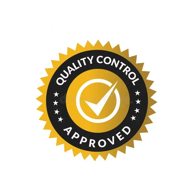 Quality control approved seal in black and gold with a checkmark icon