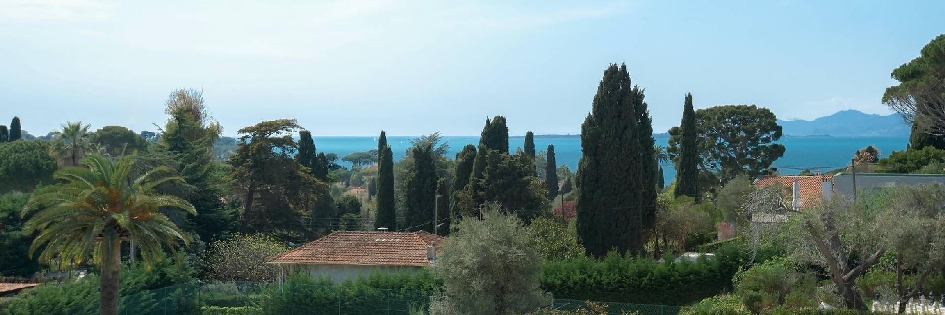 Des arbres, des bâtiments et la mer sous un ciel bleu.