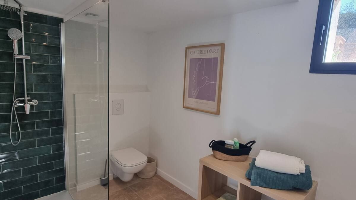 Salle de bains avec douche carrelée verte, toilettes blanches, œuvres d'art et serviettes sur une étagère en bois.