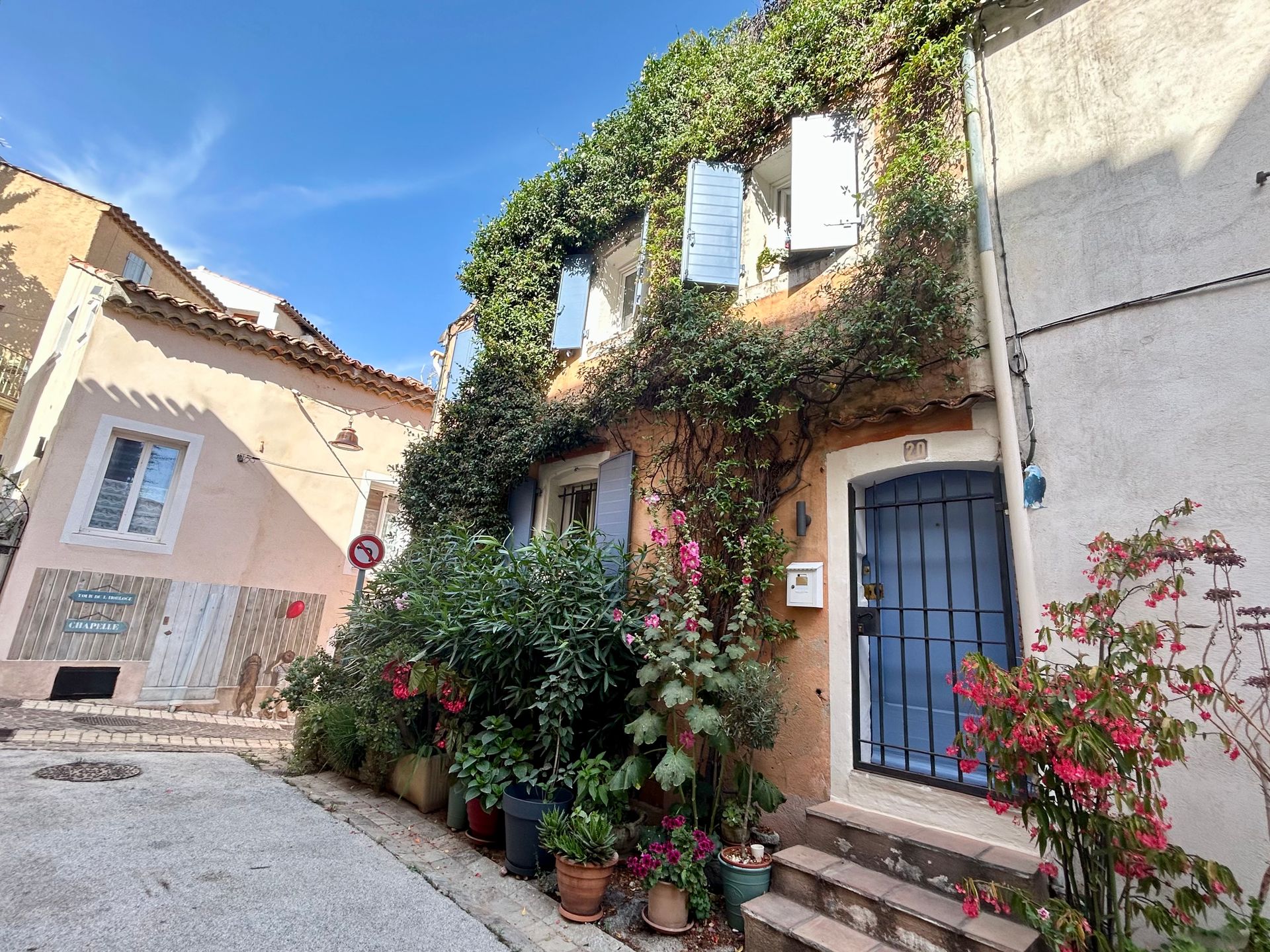 Rue étroite bordée de bâtiments en pierre. Du lierre grimpe sur un bâtiment beige à porte et volets bleus. Plantes en pot.