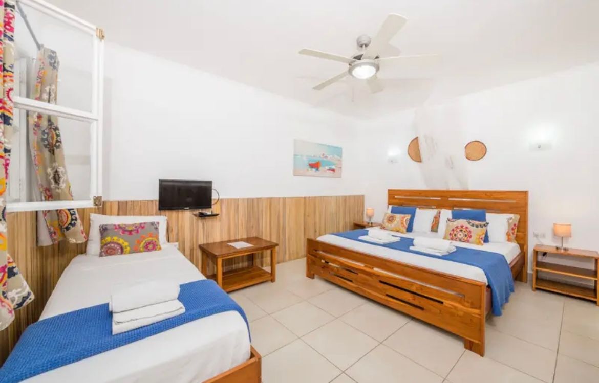 Chambre d'hôtel avec un lit queen et un lit simple, murs blancs, meubles en bois clair, télévision et ventilateur de plafond.