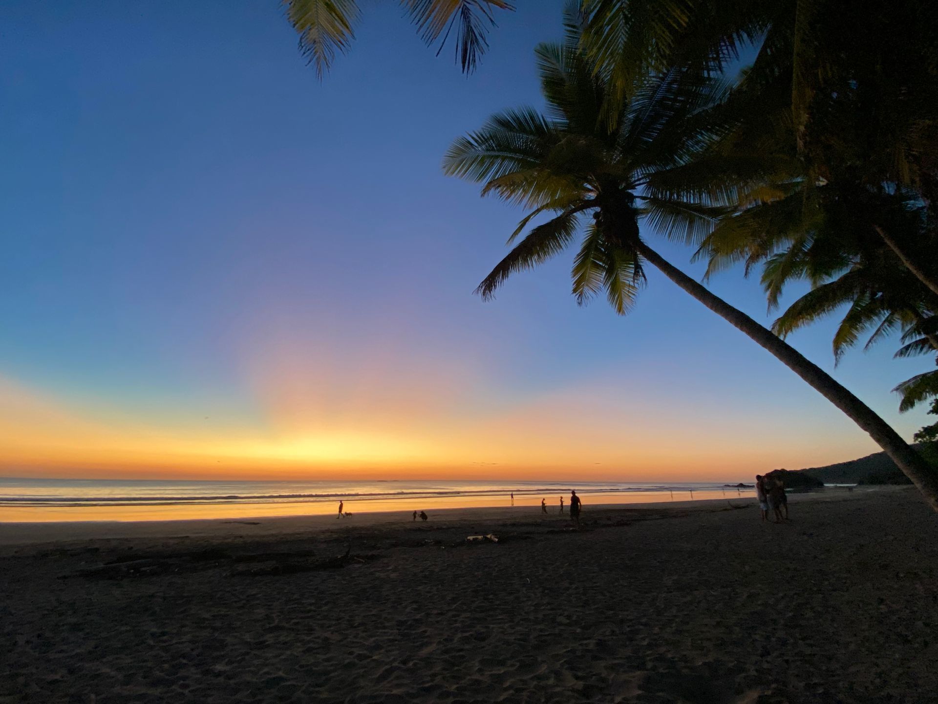 Coucher de soleil sur la plage, avec des palmiers se détachant sur un ciel coloré. Des gens sur le sable.