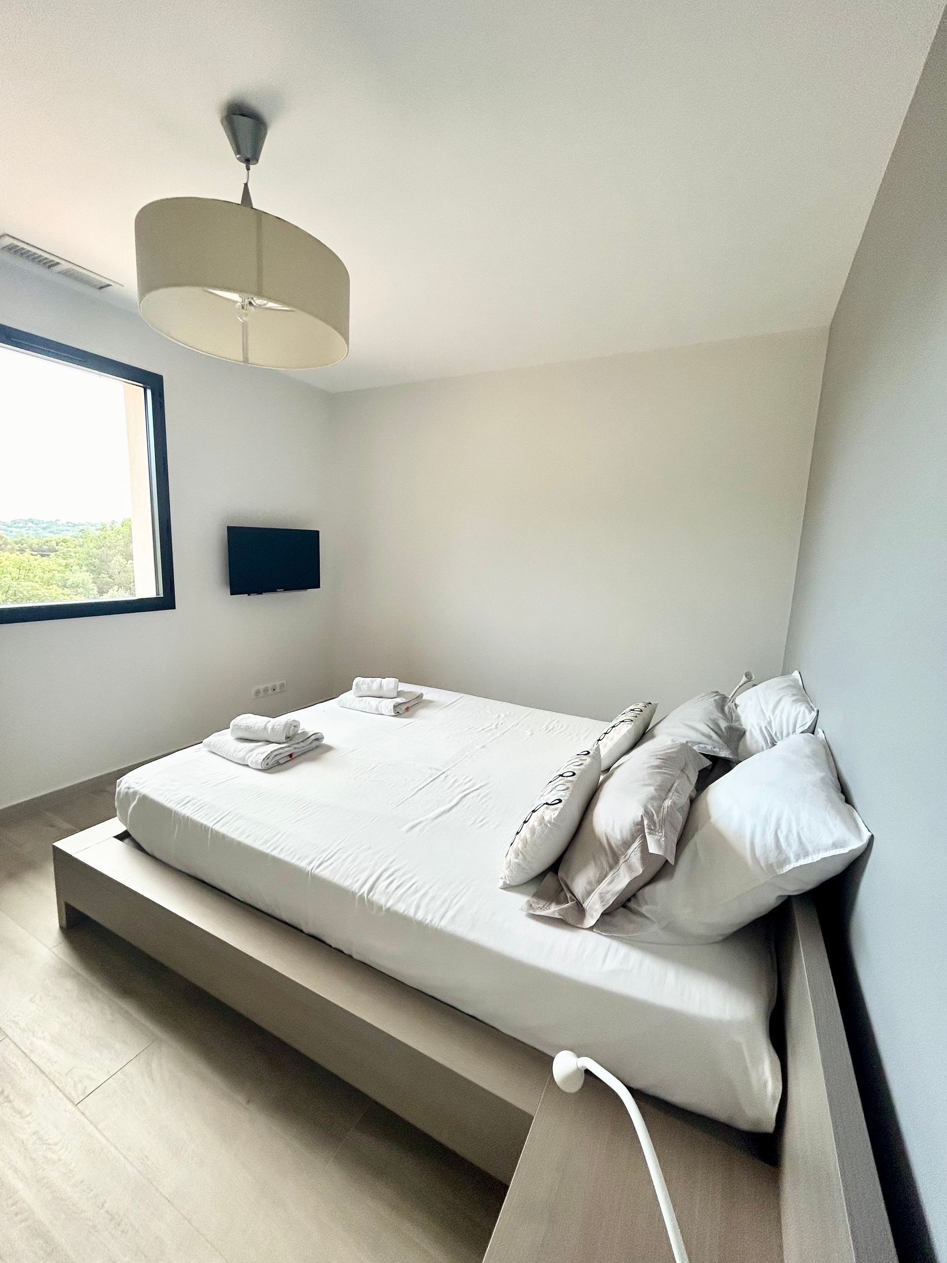 Chambre avec un lit, une télévision, une fenêtre et un luminaire.