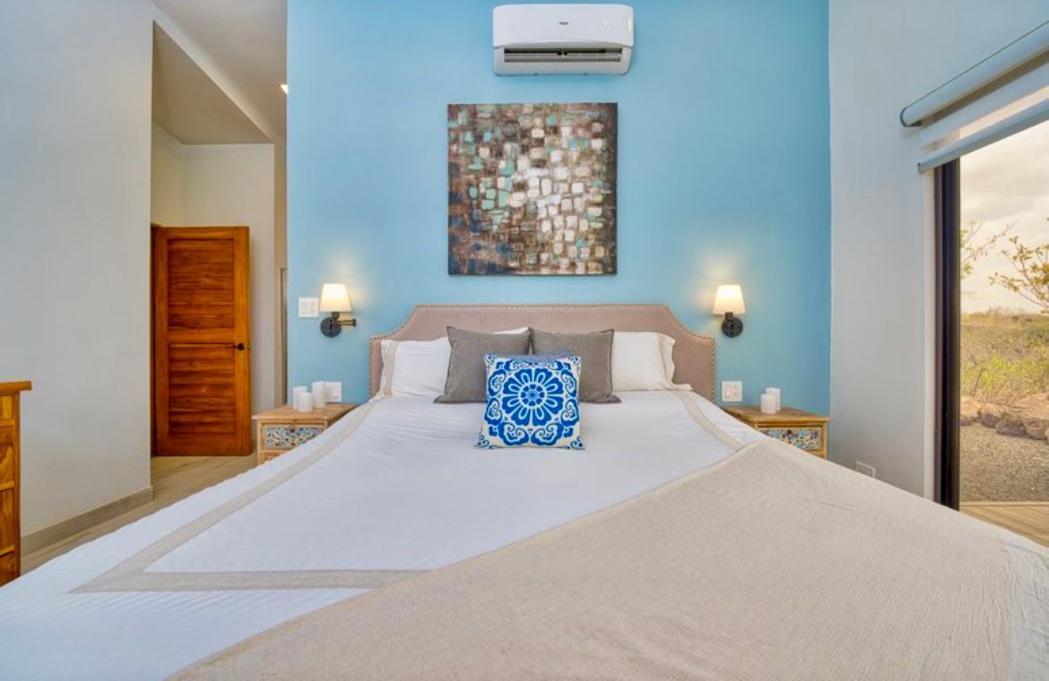 Chambre avec mur bleu, lit king-size et œuvres d'art. Porte en bois et climatiseur visibles.