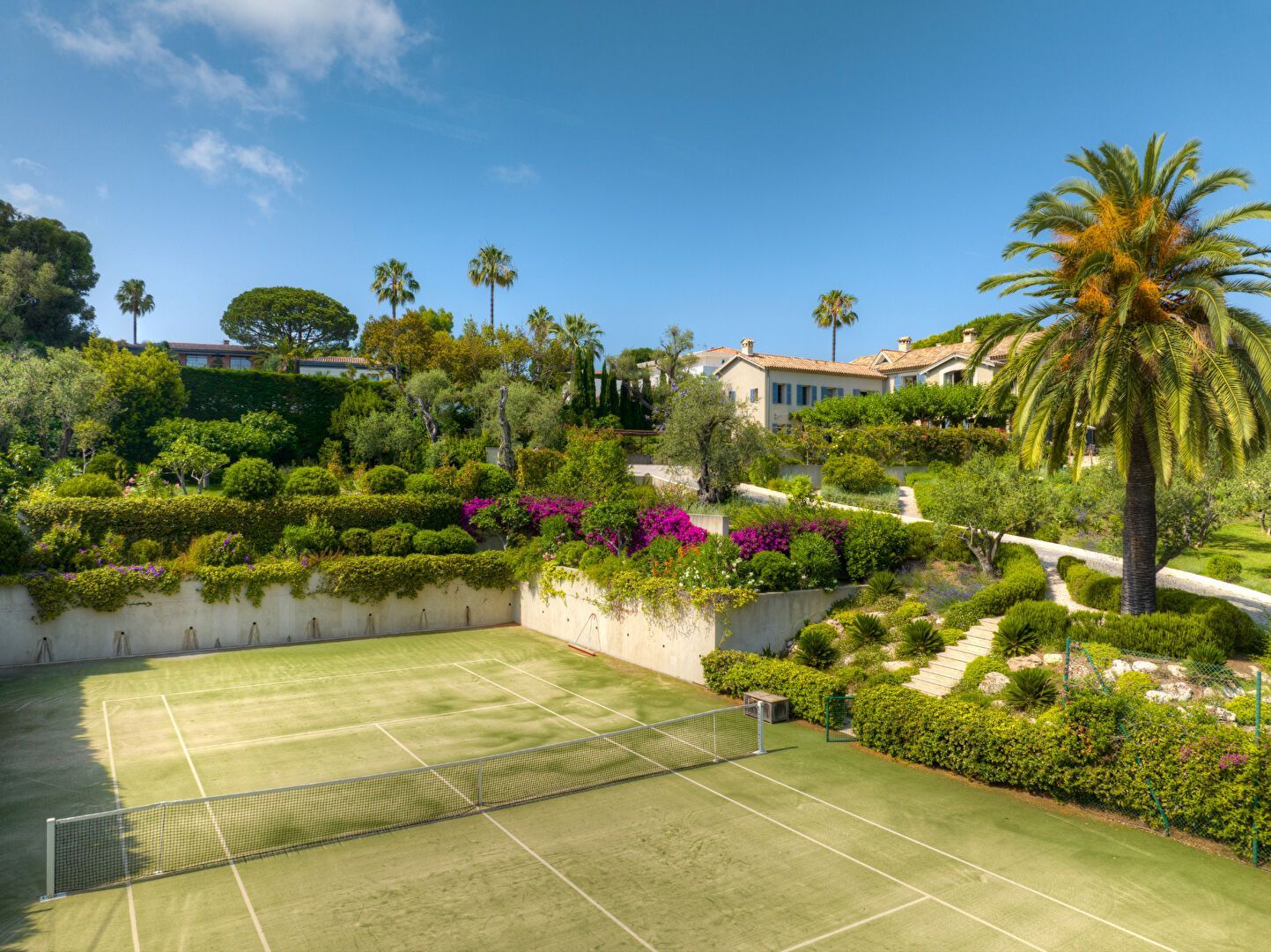 Court de tennis avec un aménagement paysager luxuriant, des palmiers et des bâtiments sous un ciel bleu.