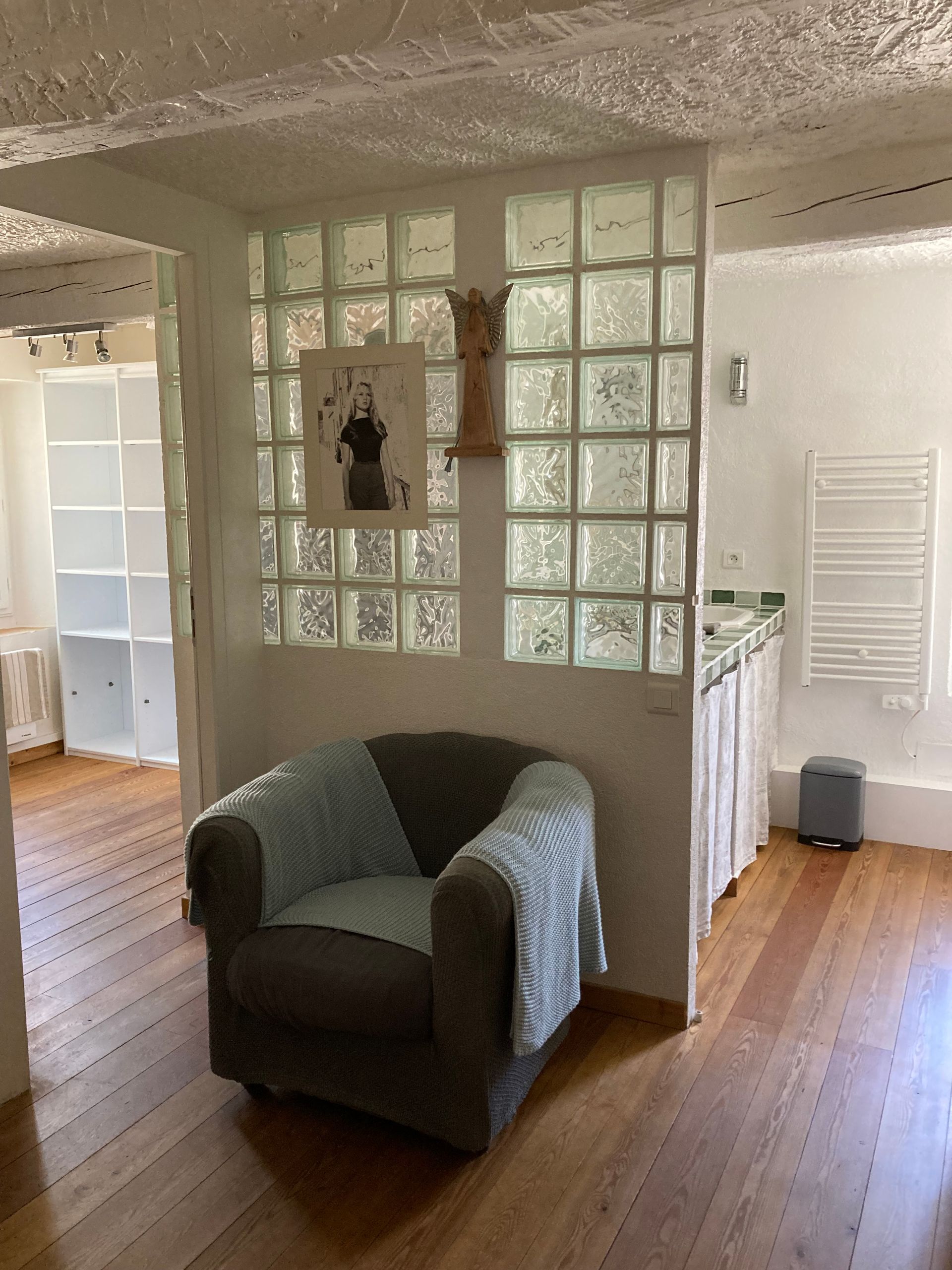 Coin salon confortable avec fauteuil, mur en pavés de verre, parquet et aperçu d'une salle de bains.